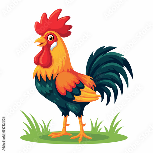 illustration, rooster, vector, chicken, farm, cartoon, cute, hen, domestic, animal, bird, nature, poultry, chick, country, cock, flat, meat, kids, agriculture, isolated, animals, children, landscape, 
