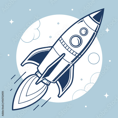 Illustration of a cartoon rocket ship launching into space with stars and a moon in the background