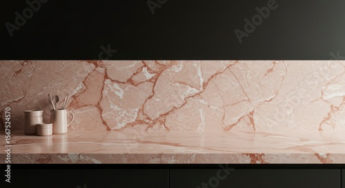 Modern kitchen countertop with blush pink marble