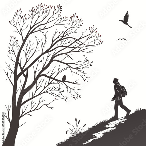 Silhouette of hiker walking up hill near bare tree with birds flying backpack