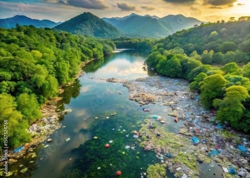 Aerial view of a polluted lake with plastic waste and trash floating on its surface photo