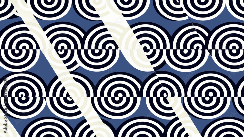 Fototapeta premium Abstract geometric pattern with swirling circles and diagonal cream stripes