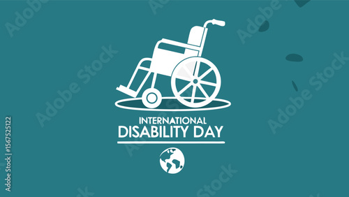 International Disability Day:  Modern minimalist graphic design featuring a white wheelchair on a teal background, symbolizing global accessibility and inclusion for people with disabilities.