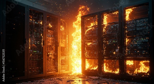Intense fire engulfing server racks, causing significant damage and destruction