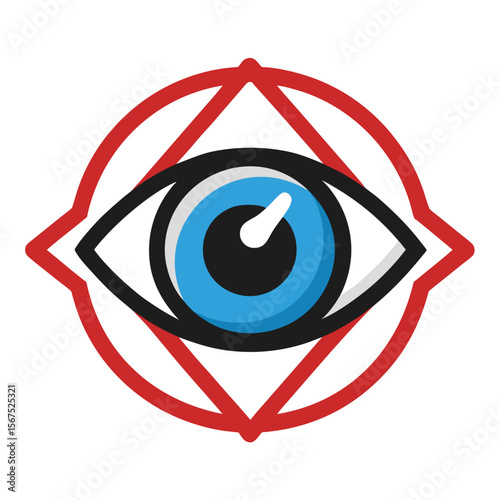 Stylized eye symbol with red geometric framing vision blue