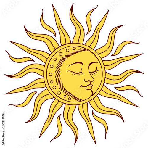 Stylized sun face with closed eyes and radiating rays yellow