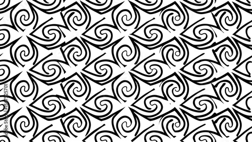 Abstract black and white swirl pattern with geometric shapes repeating seamlessly