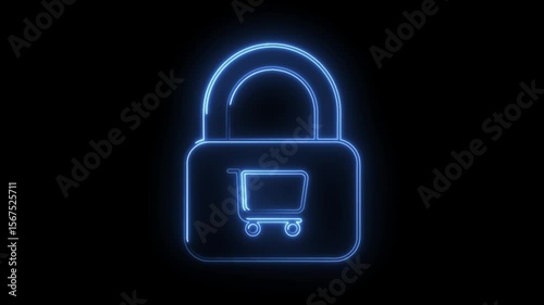Online shopping security concept digital neon glow padlock cart icon animation