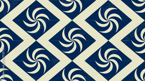 Geometric seamless pattern with swirling pinwheel motifs in navy and cream