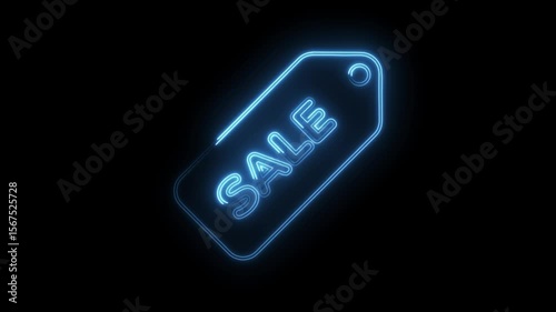 Glowing neon sale tag animation on black background for retail promotion offers