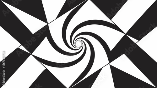 Hypnotic black and white swirl optical illusion with geometric shapes