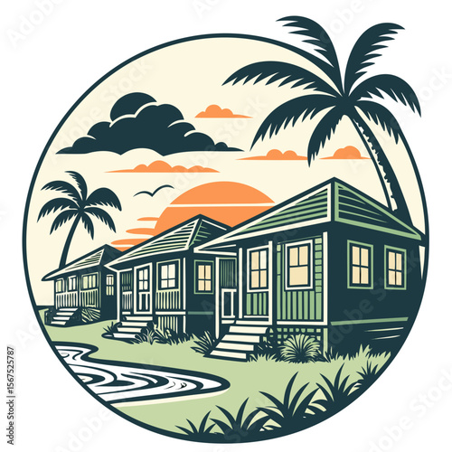 Tropical House and Sunset Scene – Beachside Vacation Home Illustration