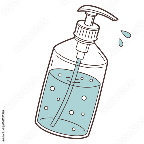 Transparent dispenser with light blue liquid and droplets hand sanitizer pump