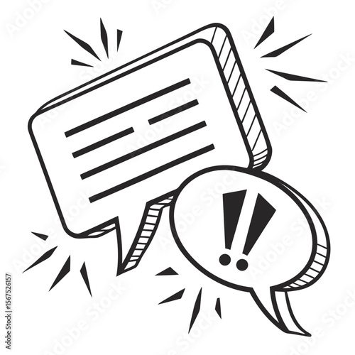 Two speech bubbles with exclamation points and lines communication dialogue