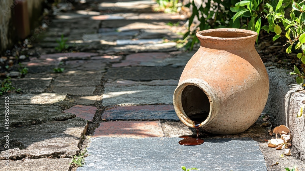 Naklejka premium Rustic Pot with Brown Liquid on Stone Pathway Surrounded by Greenery