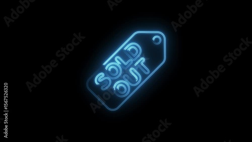 Luminous sold out tag animation with neon blue glow and dark background for sales concepts