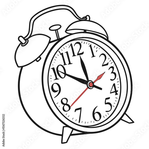 Vintage alarm clock with black outline and red accents retro time