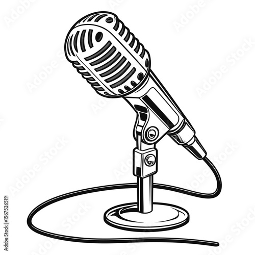 Vintage microphone on stand with coiled cord retro audio