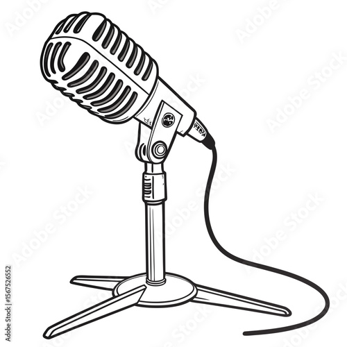 Vintage microphone on stand with cord retro audio