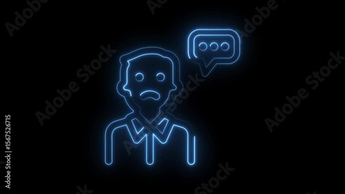 Sad man receiving negative feedback neon style animation on black background concept of criticism