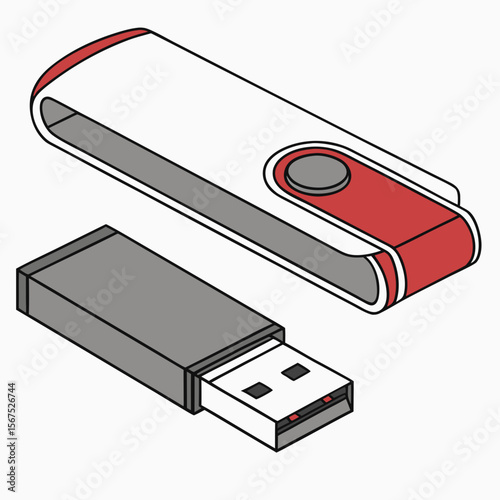 White and red U S B flash drive with gray connector usb flash drive portable storage