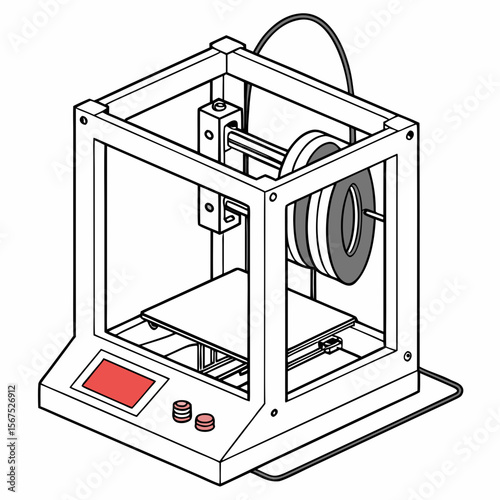 White three dimensional printer with red screen and grey spool 3d printer additive manufacturing