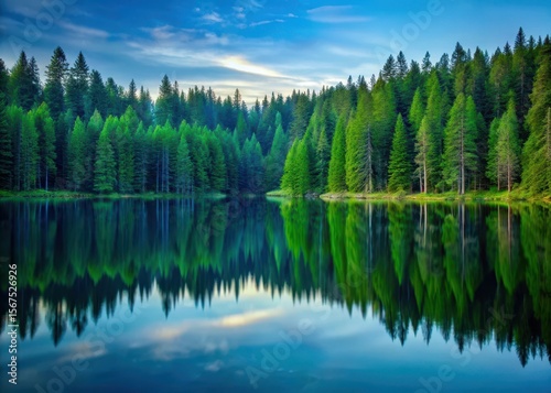 Serene pine forest at dusk with a calm lake reflecting trees in shades of green and blue