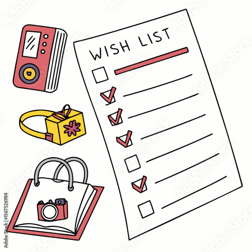 Wish list with checked items and gifts checklist gift box