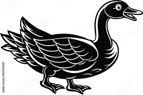 Outlined drawing shows a graceful cartoon goose standing peacefully on a white background