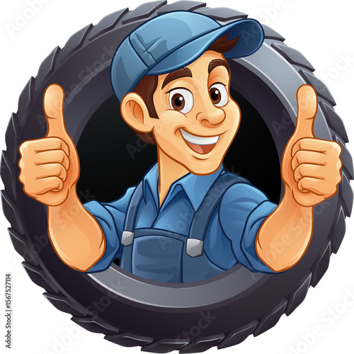 A tyre or tire cartoon car maintenance service mechanic mascot cartoon character man