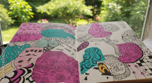 Vibrant abstract doodle art with intricate patterns and shapes in a sketchbook by a window
