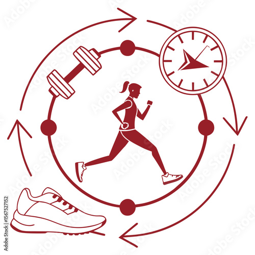 Woman running with dumbbell clock and shoe in circular motion running woman circular arrows
