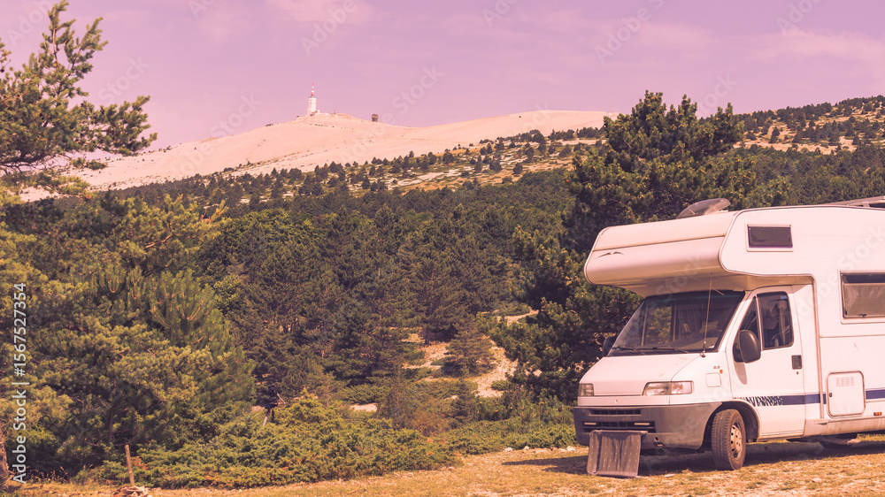 Obraz premium Caravan in mountains. Mont Ventoux in the distance. Provance
