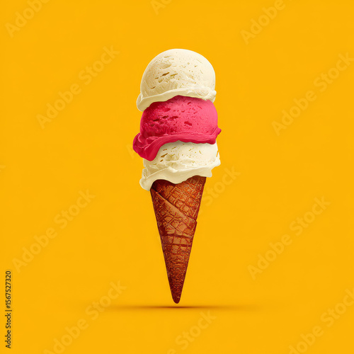 Three stacked scoops of vanilla and strawberry ice cream on a waffle cone, creating a vibrant and classic dessert image on yellow.