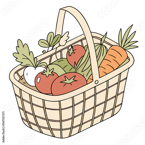 Woven basket filled with fresh vegetables and greens produce