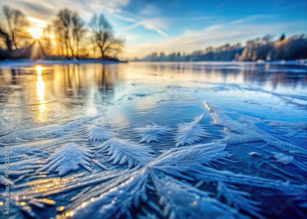 Obraz premium Frosty water surface with intricate ice patterns