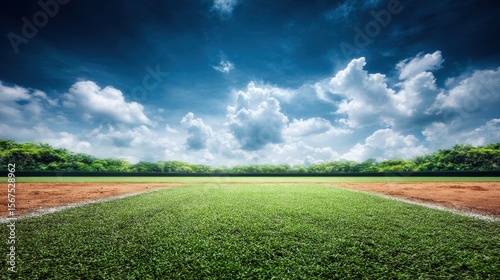 Lush Green Baseball Field Under Dramatic Blue Sky with Clouds