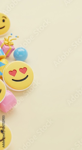 World Emoji Day editorial macro with large emoji icon badges on pastel background, clean empty area on the right side for text, nice modern look