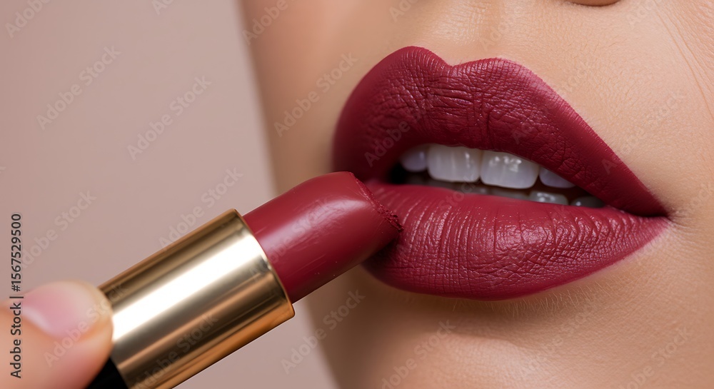Obraz premium Closeup of Deep Red Lipstick Application Showing Texture Shine and Cosmetic Precision