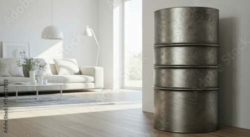 Four stacked metallic drums in a minimalist living room. Sunlight streams through a window, illuminating the space