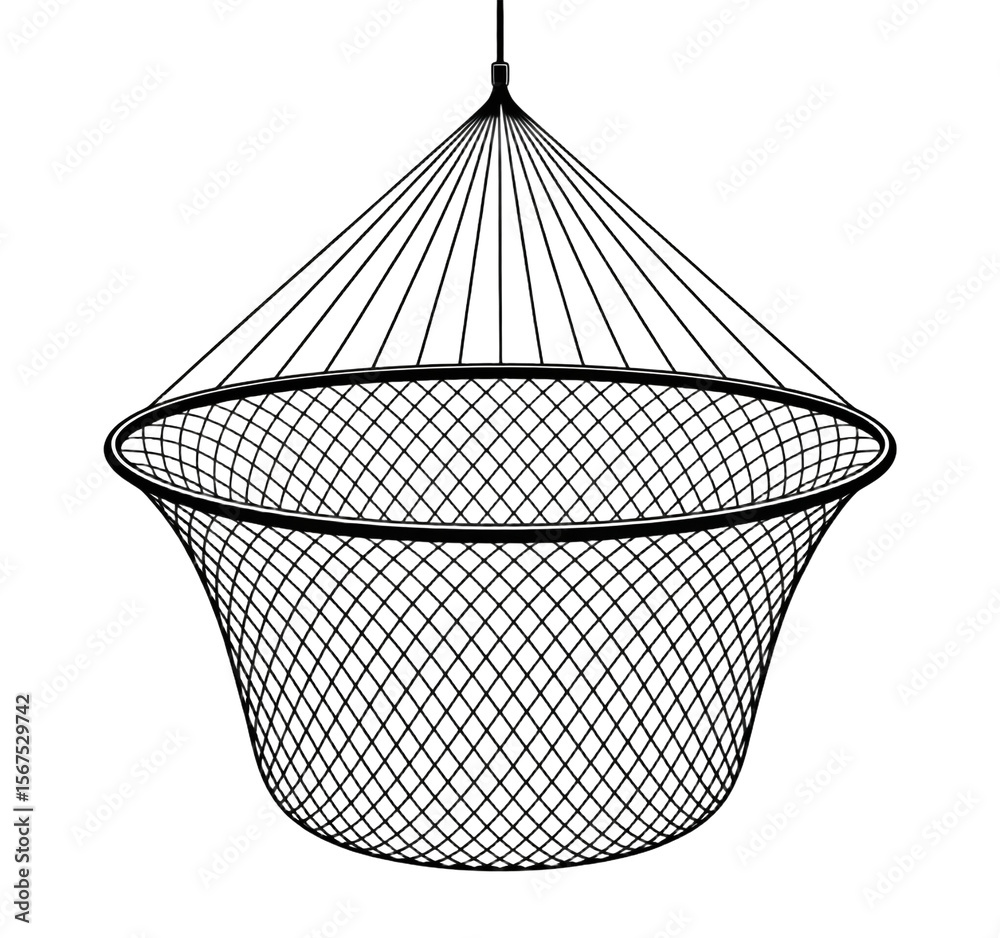 Obraz premium A black and white illustration of a circular fish trap net with a diamond-shaped mesh pattern isolated on a transparent background.