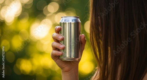 Person holding a shiny aluminum beverage can outdoors