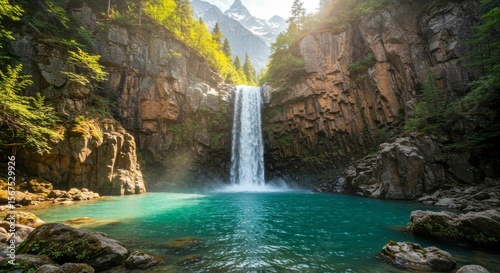 Majestic waterfall cascades into turquoise pool surrounded by rugged cliffs and lush greenery. Sunlight beams illuminate scene