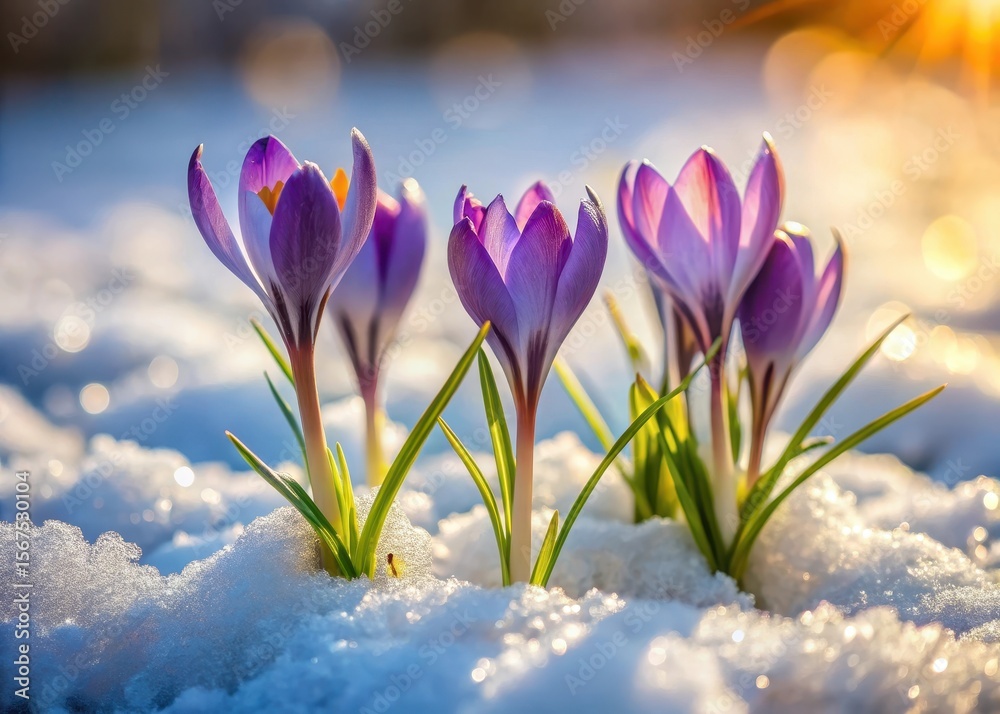 Fototapeta premium Softly glowing crocuses push through frosty ground amidst melting snow