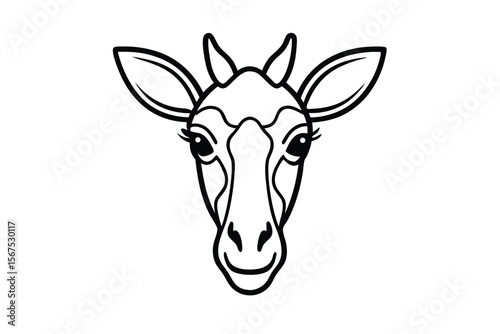 Detailed tribal giraffe head with large eyelashes displays its impressive horns and ears