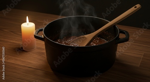Steaming stew in a dark pot, beside a candle on a wooden table