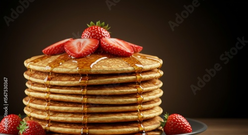 Stacked pancakes with strawberries and syrup (1)