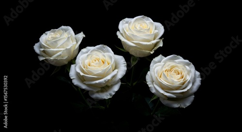 Four white roses against black background