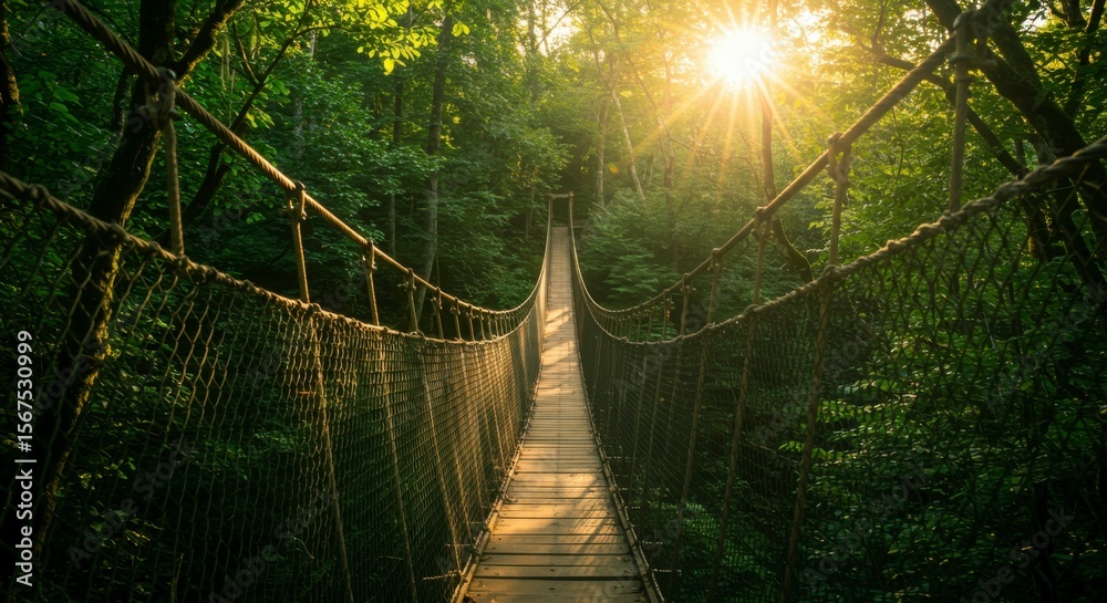 Fototapeta premium Sunlit rope bridge crosses lush green forest canopy. Adventure awaits on this rustic pathway