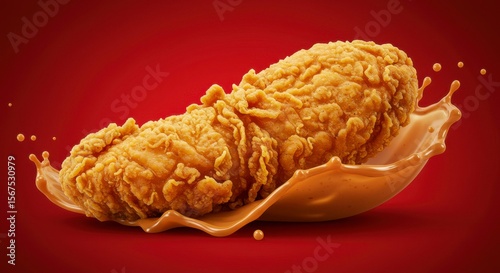 Crispy fried chicken tender, golden brown, rests on a wave of creamy sauce against a rich red background